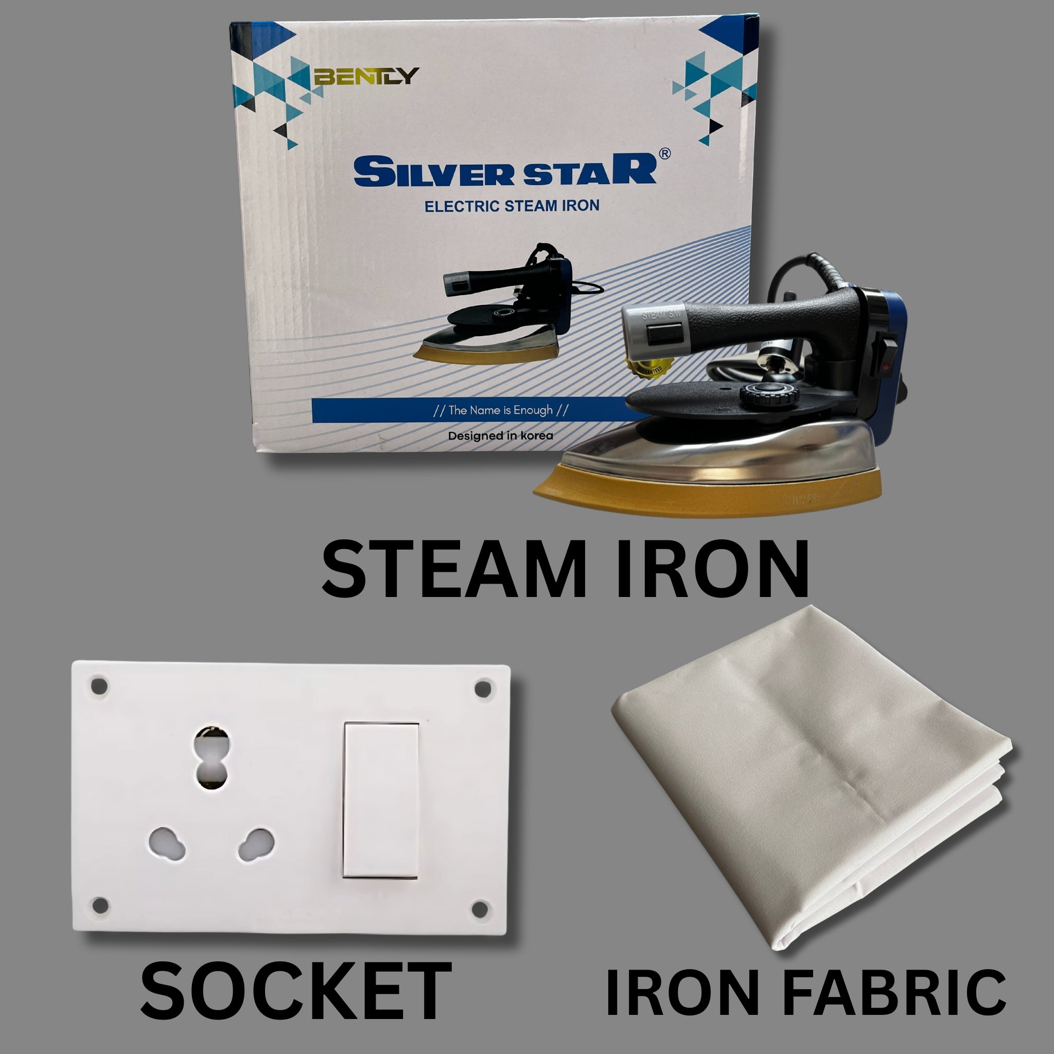 STEAM IRON + IRON FABRIC 2 METER + SOCKET BOARD (COMBO)