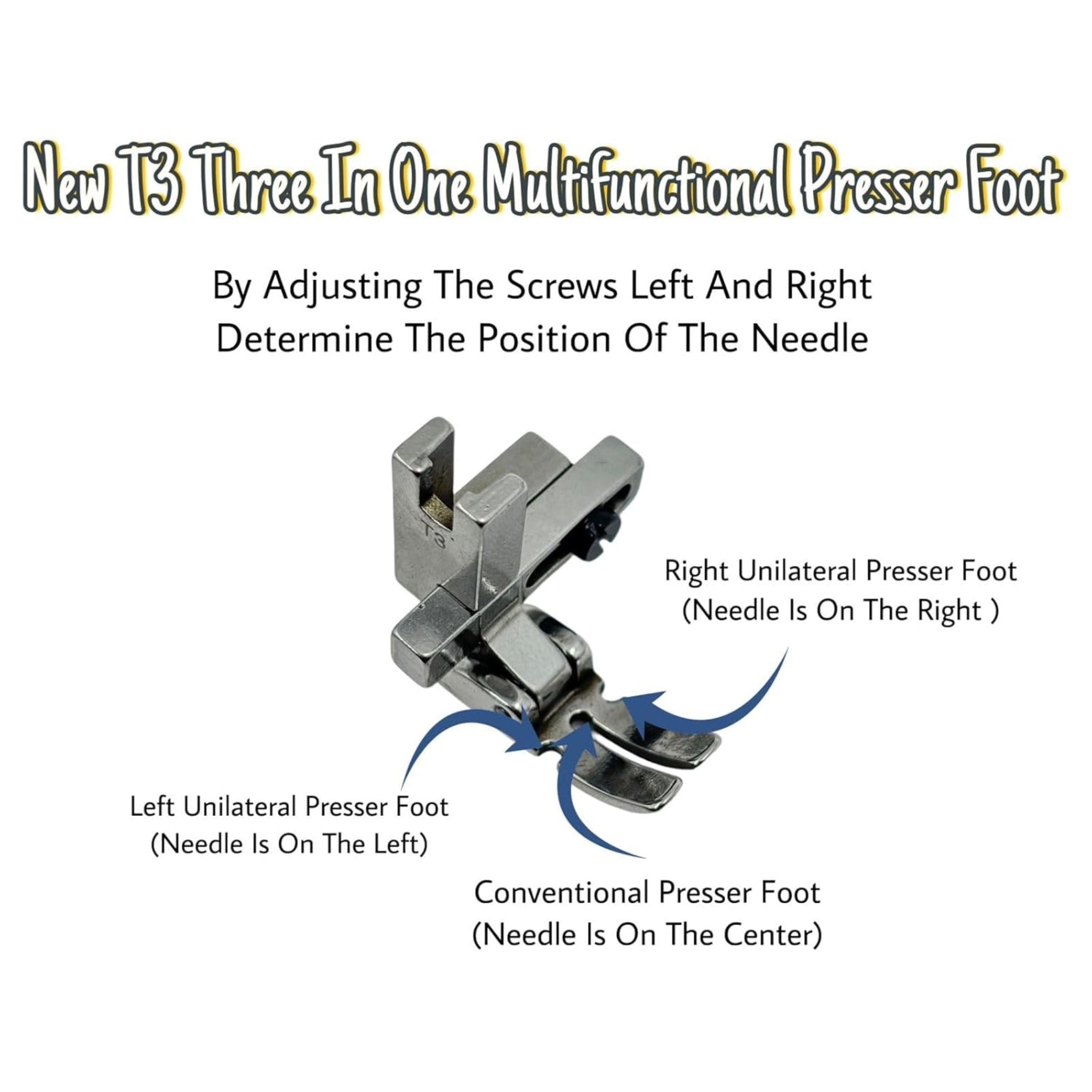 T3 Universal 3-in-1 Presser Foot - Adjustable Left, Center & Right | for Single-Needle Industrial Lockstitch Machines | Fits Jack, Juki, Gemsy & More | Durable Metal for Precision Stitching