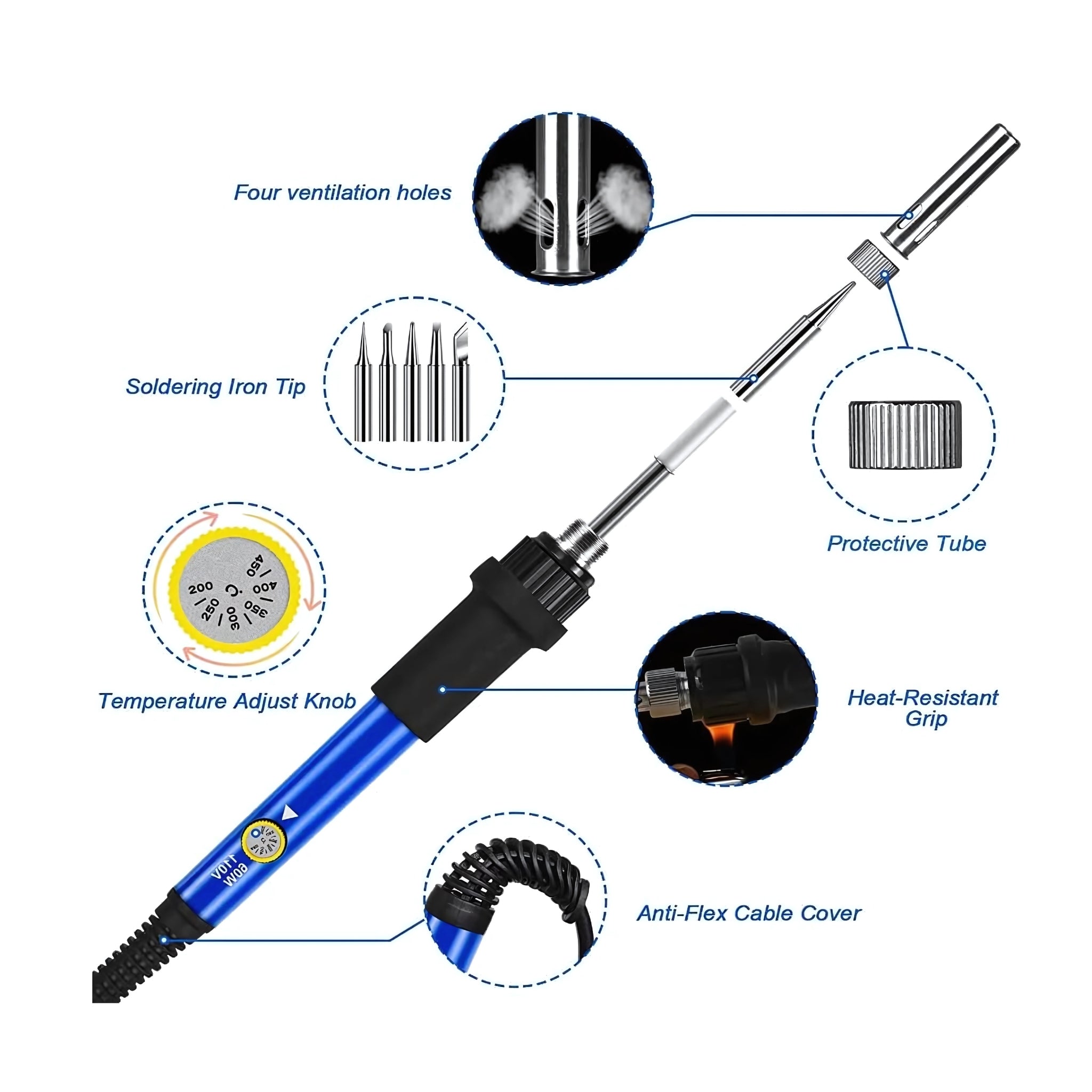 60W 220V Temperature Adjustable Soldering Iron, Fast Heating, With Extra 5 Iron Bits